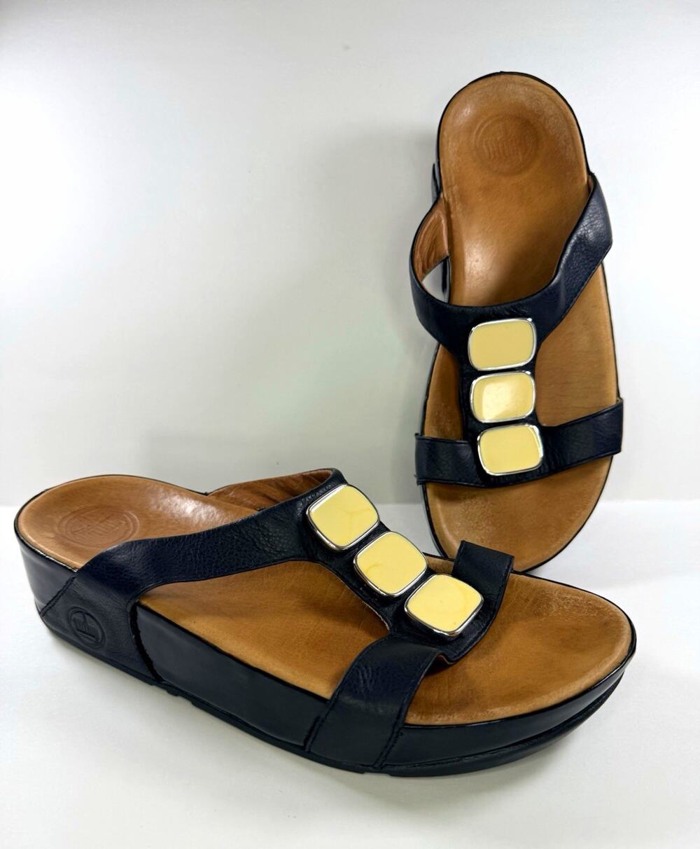 FitFlop Black Leather Wedge Slide Slip-On Sandals w/ Logo Women's US 8 / 39